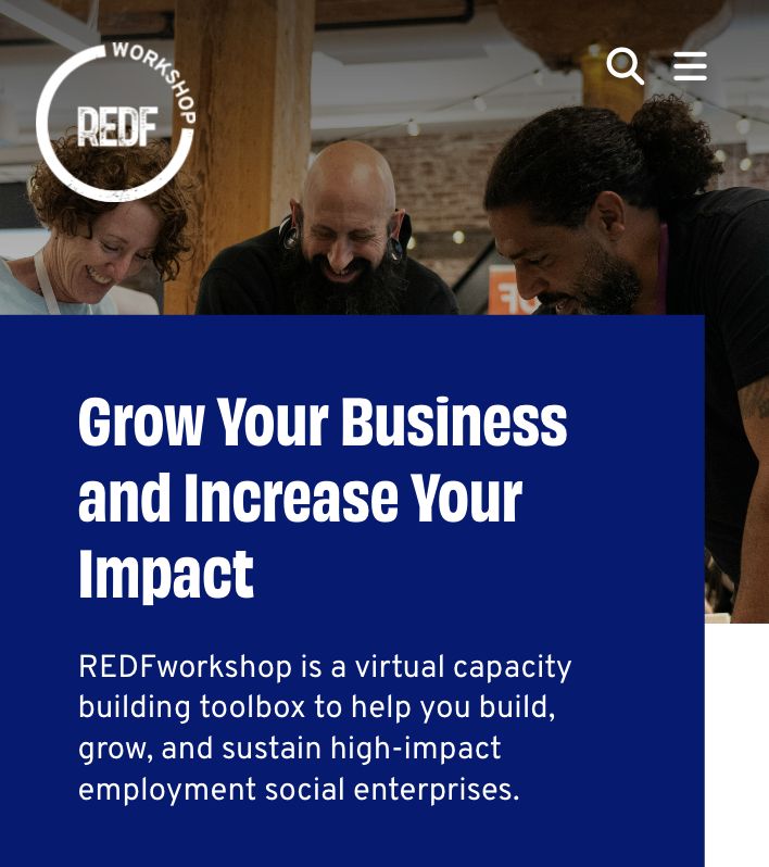 website home page with white text on blue background and an image of happy workers reviewing a document