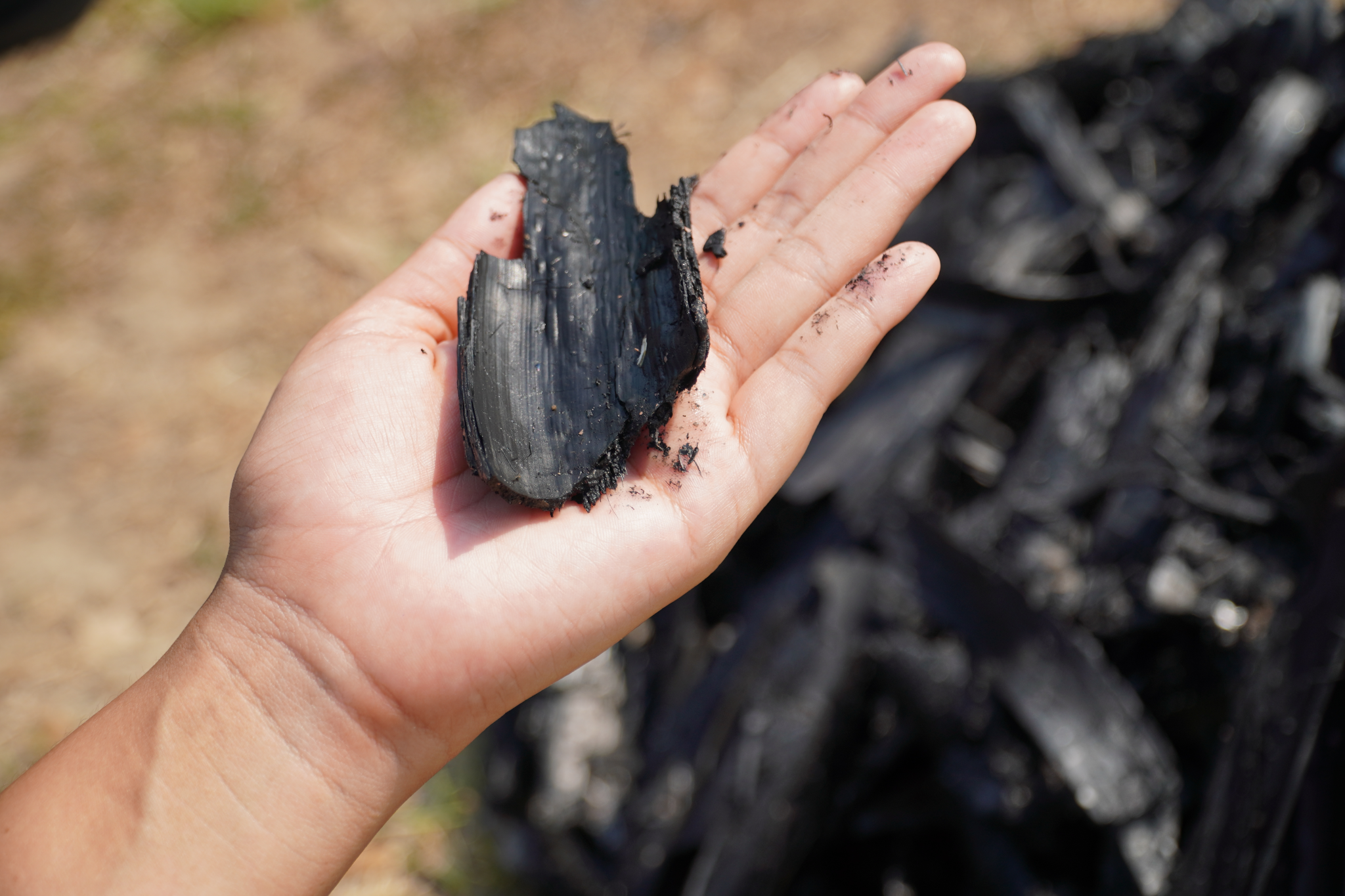 close up of a person's hand holding a piece of charcoal