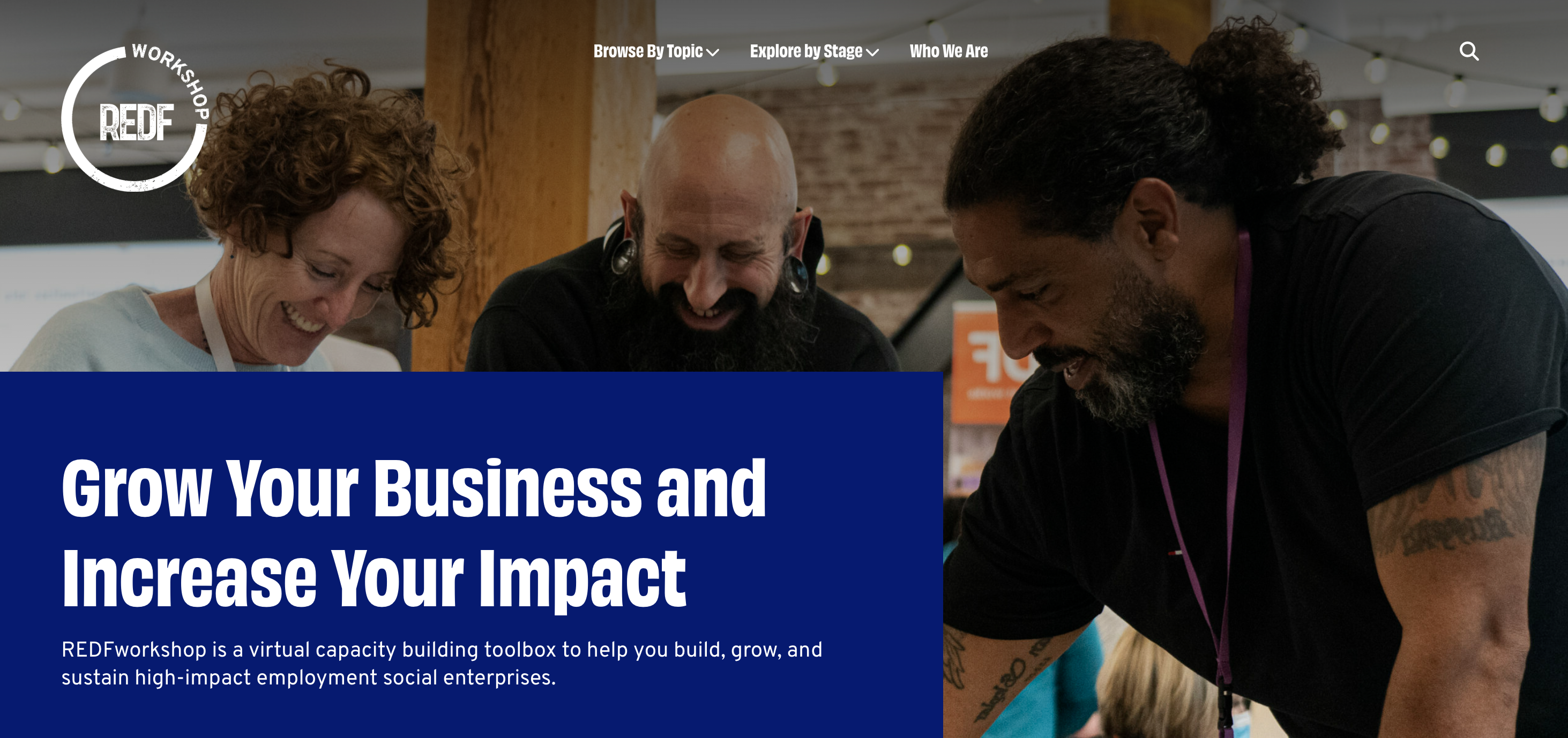 homepage of website, large white type on blue background with image of three workers happily reviewing a document