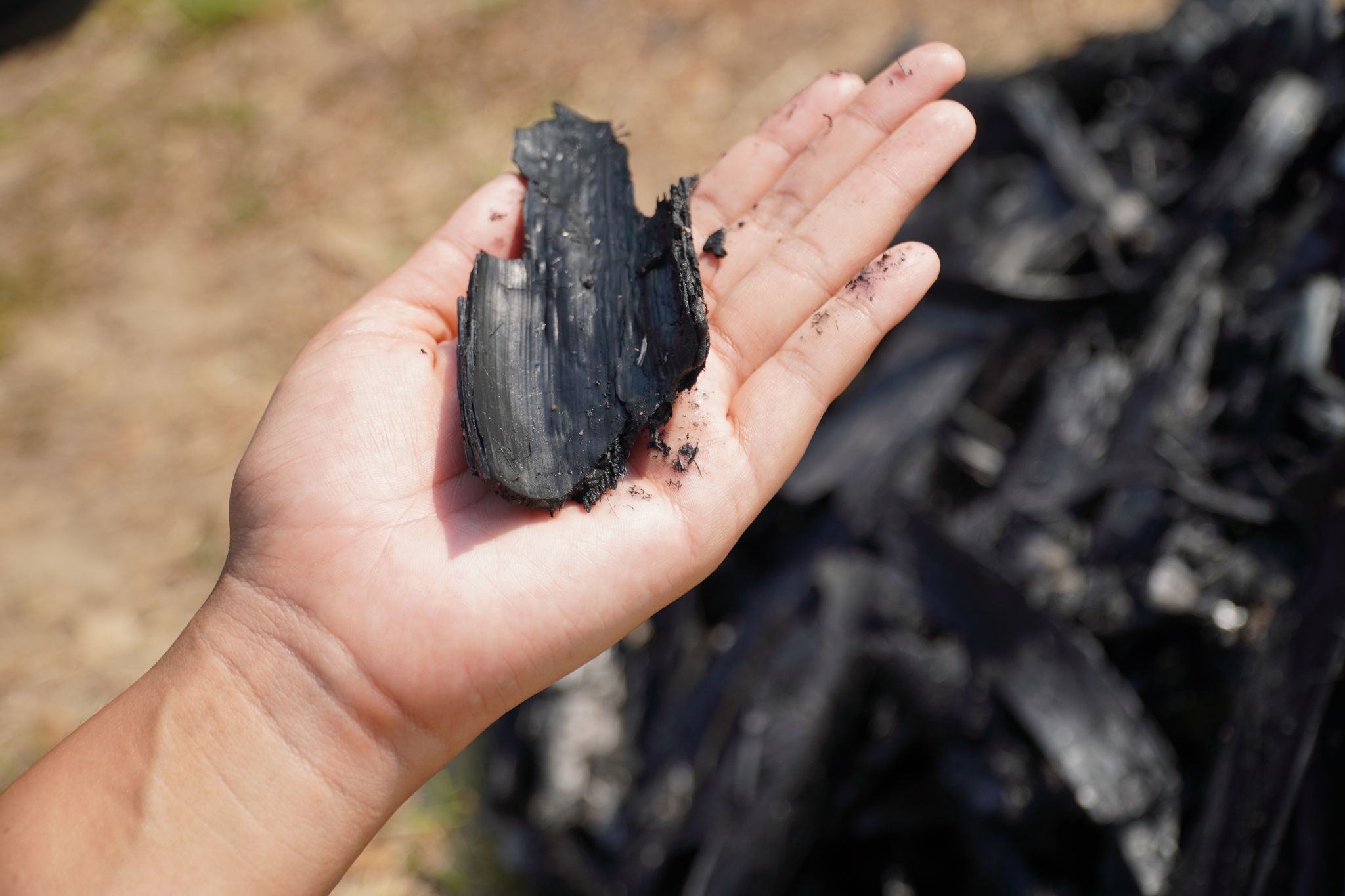 close up of a person's hand holding a piece of charcoal